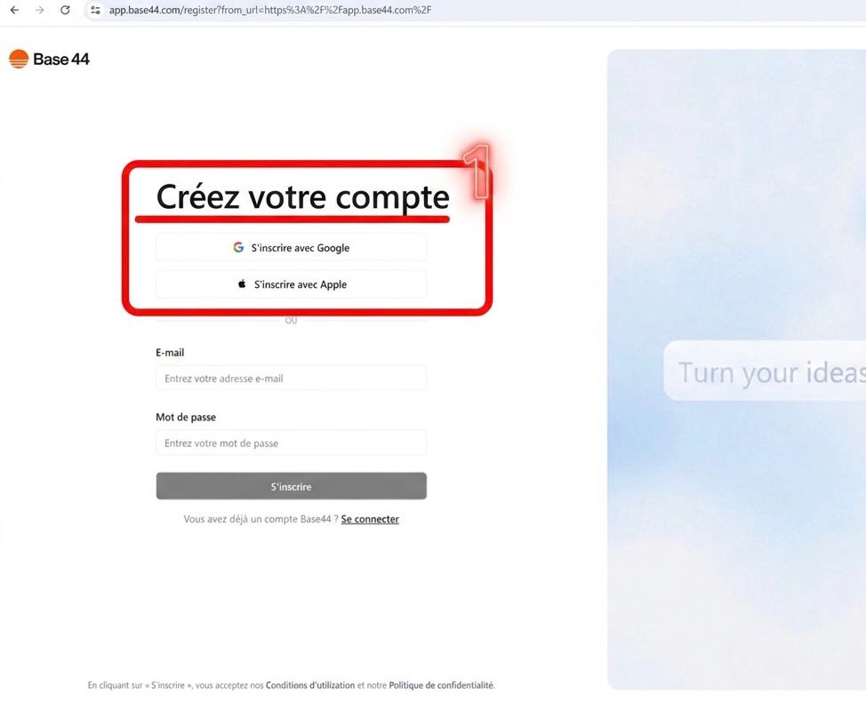 Capture d'écran annotée : Créer le compte