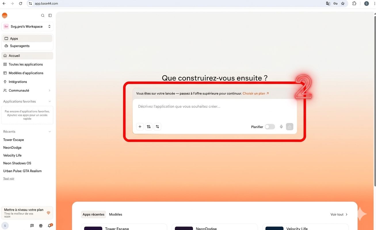 Capture d'écran annotée : Décrire le projet